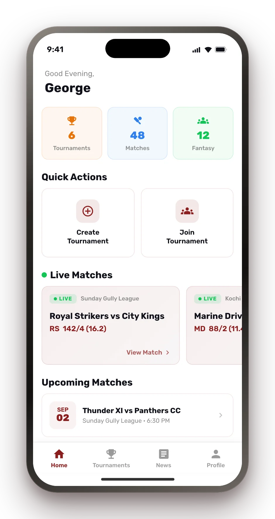 Dashboard showing live matches, fixtures and stats