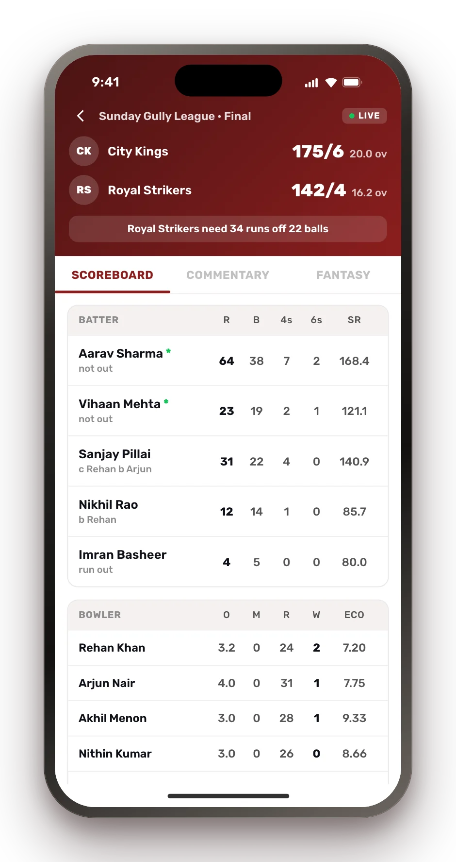 Match centre with full scoreboard and commentary