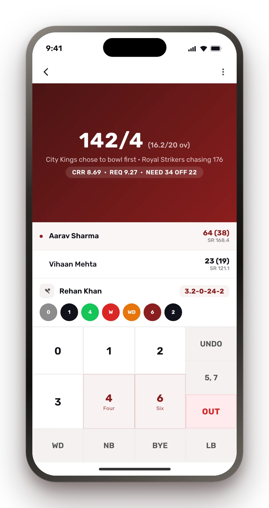 Scorer screen with a large run keypad and live score panel